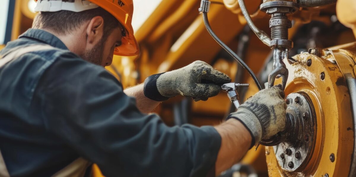 Heavy equipment mechanic repairing a hydraulic excavator at a co