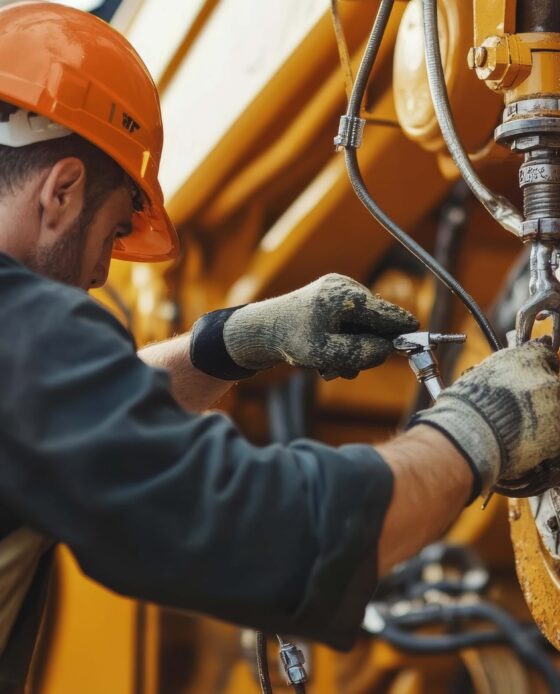 Heavy equipment mechanic repairing a hydraulic excavator at a co