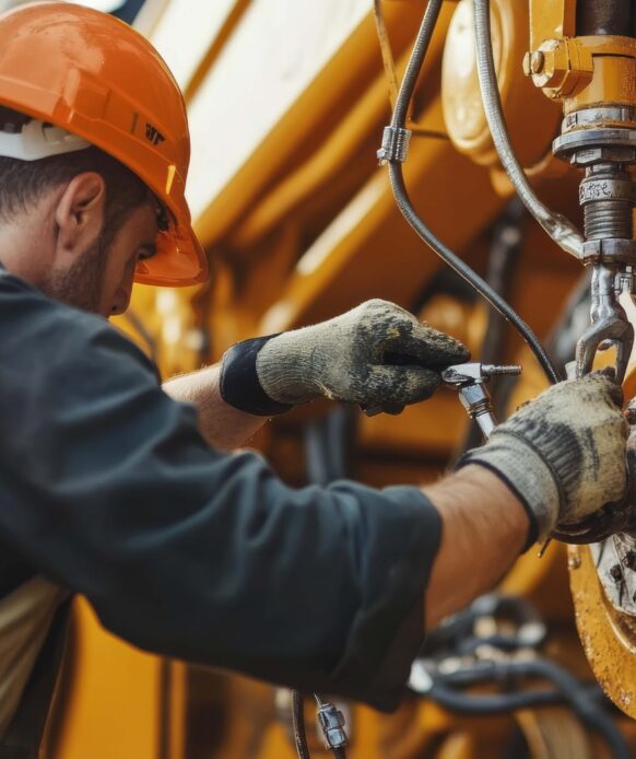 Heavy equipment mechanic repairing a hydraulic excavator at a co