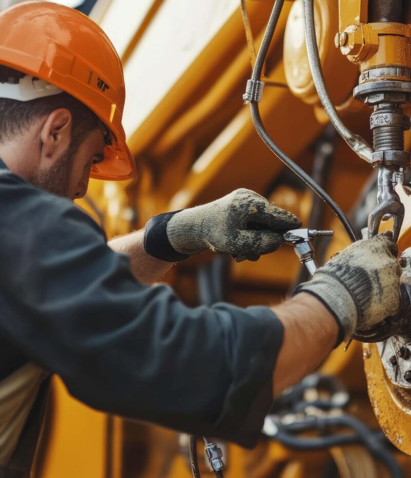 Heavy equipment mechanic repairing a hydraulic excavator at a co Heavy equipment mechanic repairing a hydraulic excavator at a co