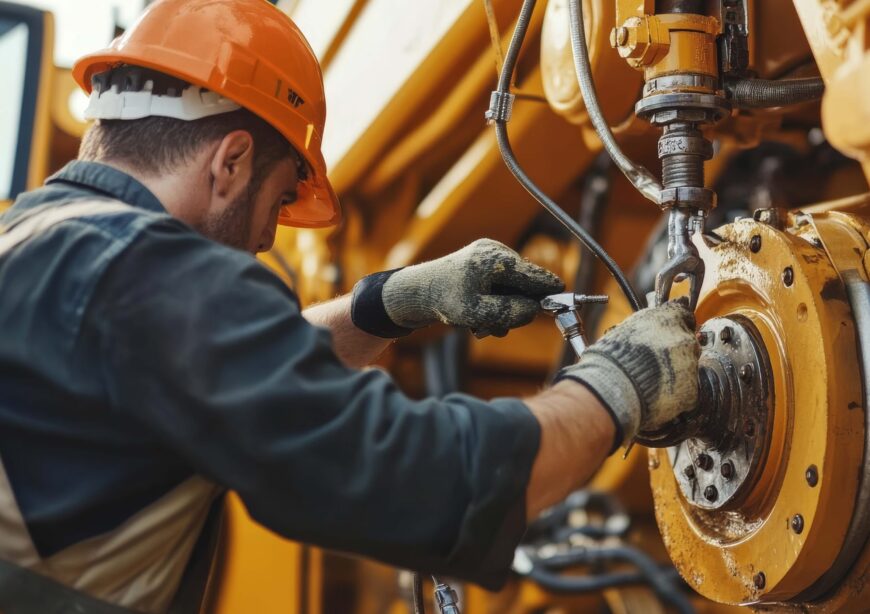 Heavy equipment mechanic repairing a hydraulic excavator at a co