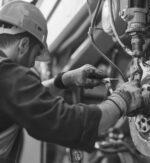 Heavy equipment mechanic repairing a hydraulic excavator at a co